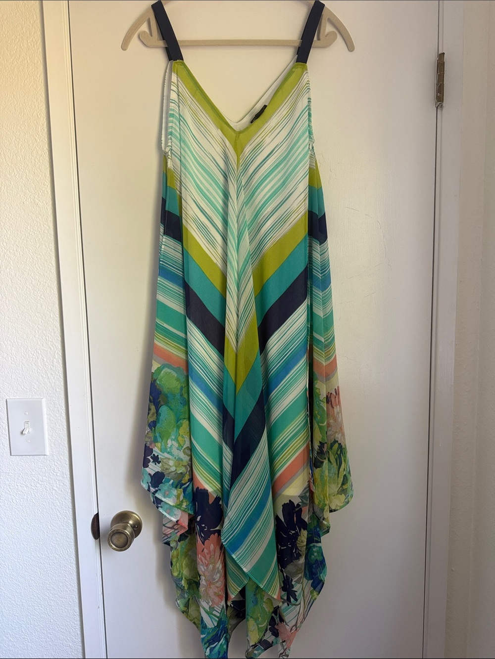 new directions Green Teal Navy Striped Floral Handkerchief Hem Skirt